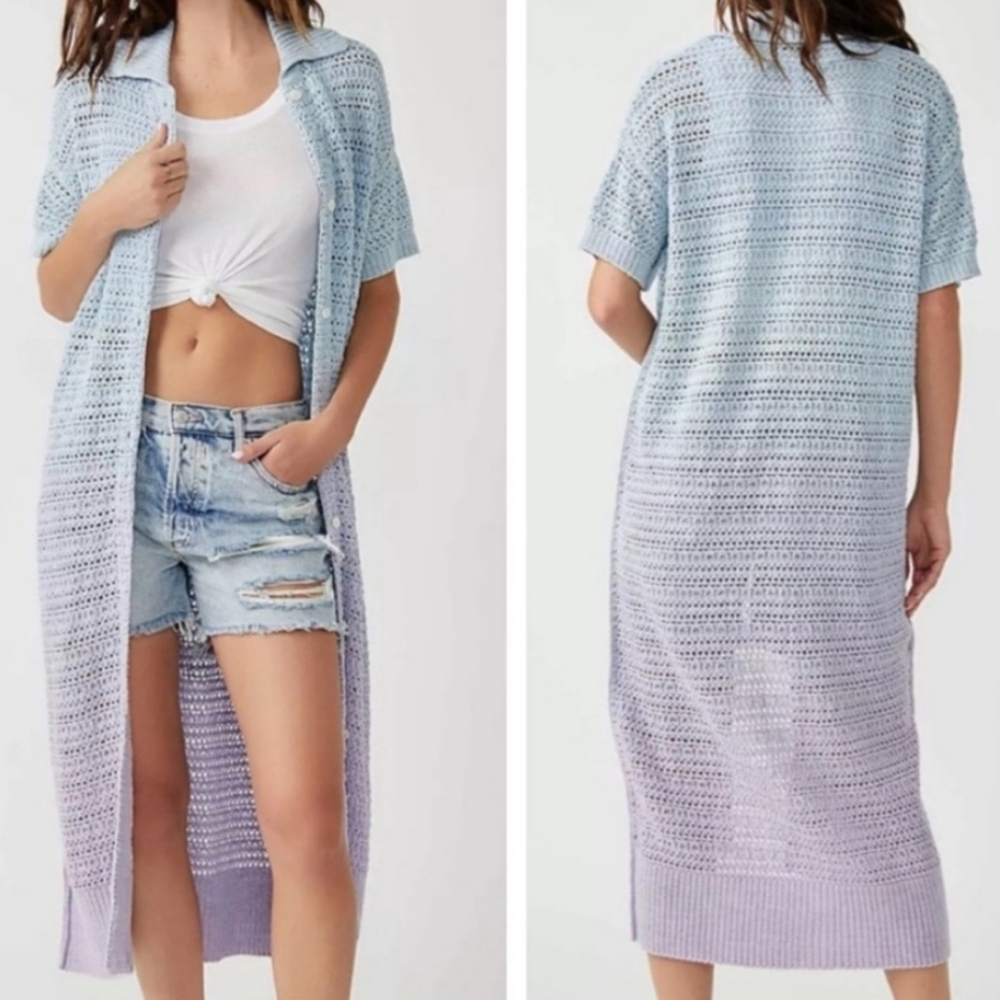 Free People Alicia Crochet Cardigan L Ombre Indigo Orchid Duster Boho Pastel